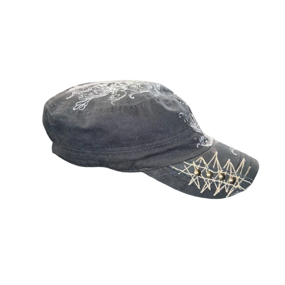 Original Vintage Cadet Cap Black Distressed Eagle Graphic Studded Military Hat